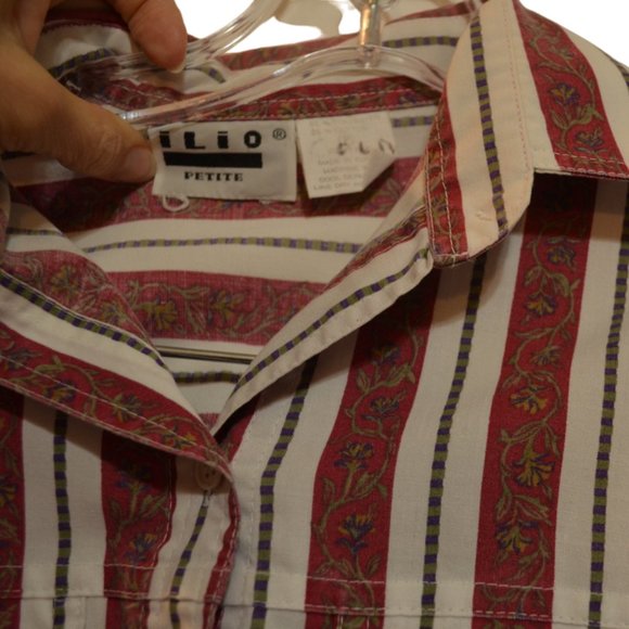 ILIO (R) Petite Button-Down Long Sleeves Red-White Stripes Shirt (P)/(S) - Picture 2 of 6